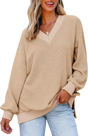 Dokotoo Womens Tops Dressy Casual Long Sleeve Shirts Waffle Knit Tops V Neck Tunic Sweaters Spring Fashion 2025