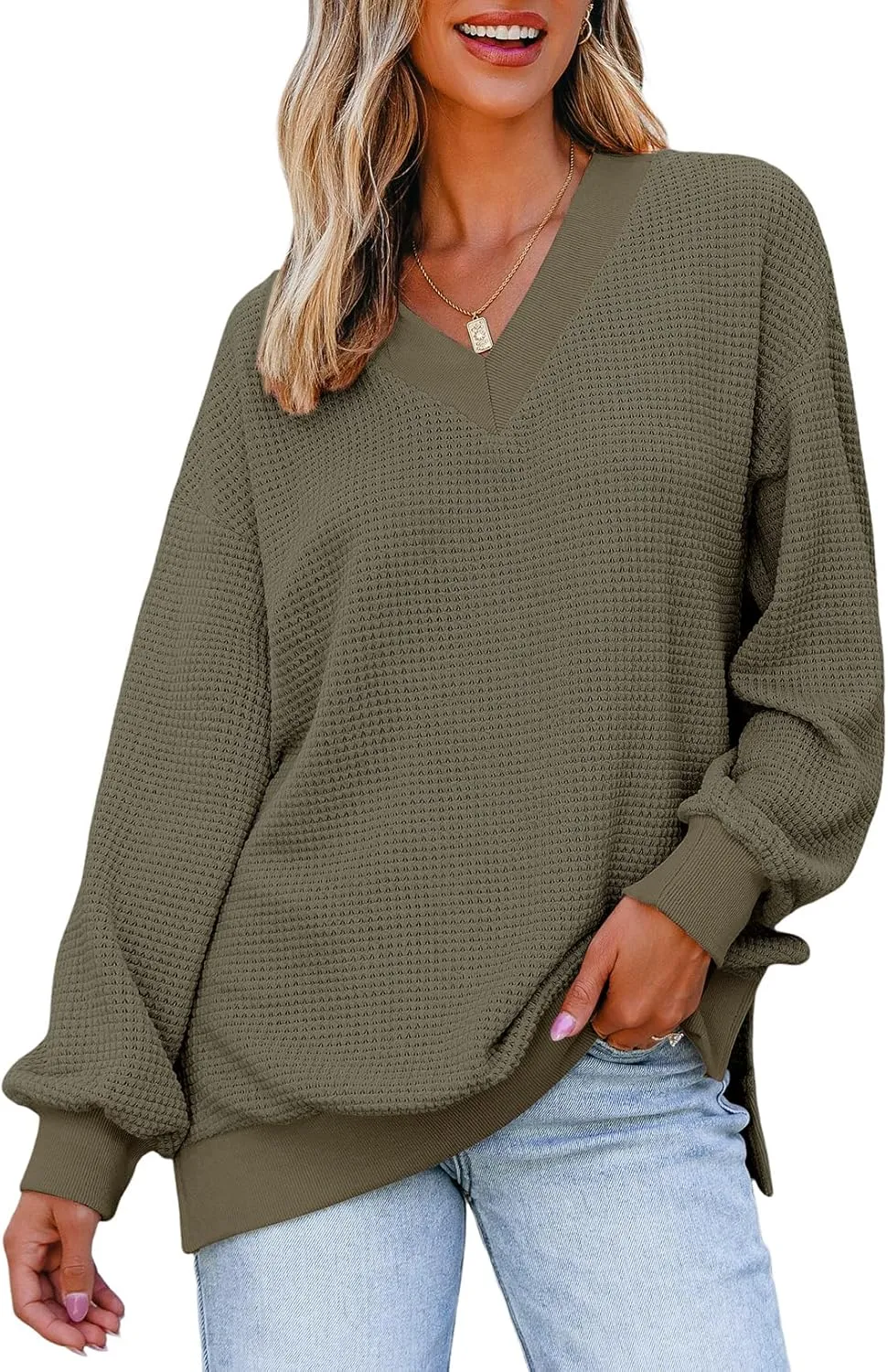 Dokotoo Womens Tops Dressy Casual Long Sleeve Shirts Waffle Knit Tops V Neck Tunic Sweaters Spring Fashion 2025