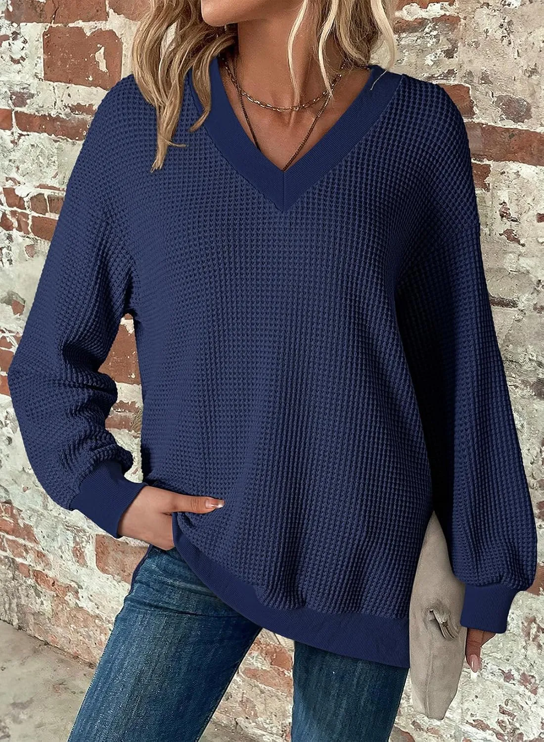 Dokotoo Womens Tops Dressy Casual Long Sleeve Shirts Waffle Knit Tops V Neck Tunic Sweaters Spring Fashion 2025