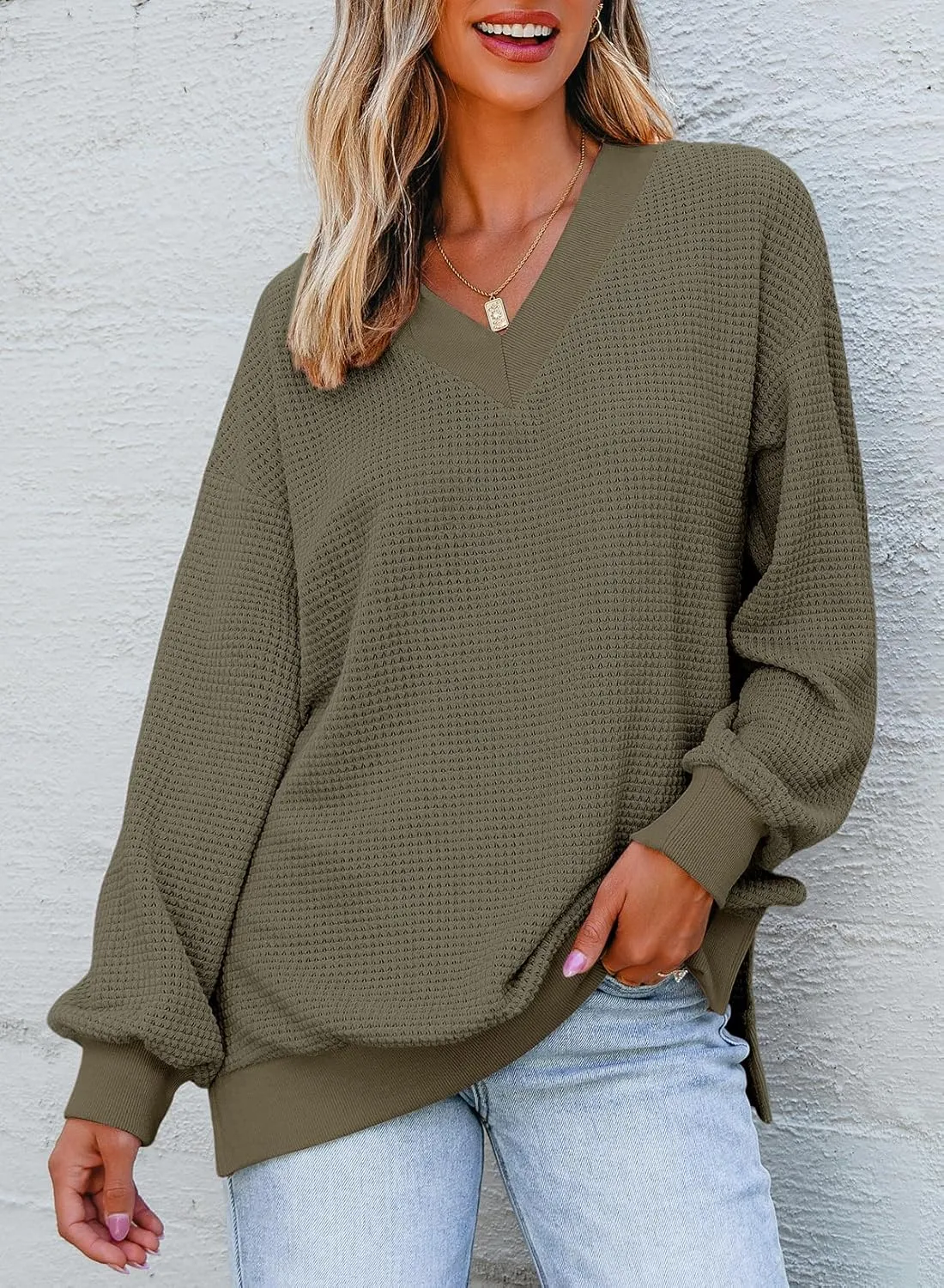 Dokotoo Womens Tops Dressy Casual Long Sleeve Shirts Waffle Knit Tops V Neck Tunic Sweaters Spring Fashion 2025