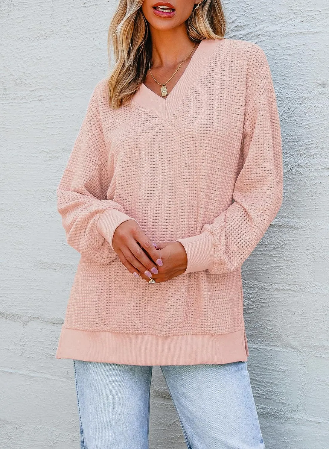 Dokotoo Womens Tops Dressy Casual Long Sleeve Shirts Waffle Knit Tops V Neck Tunic Sweaters Spring Fashion 2025
