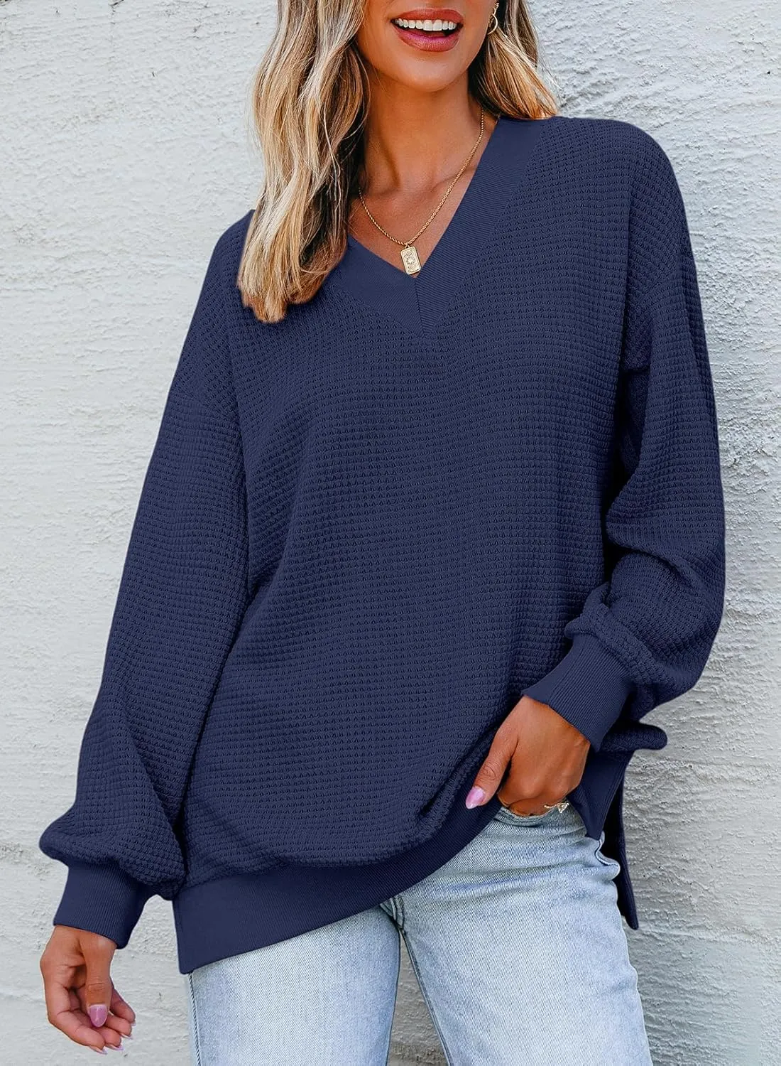 Dokotoo Womens Tops Dressy Casual Long Sleeve Shirts Waffle Knit Tops V Neck Tunic Sweaters Spring Fashion 2025