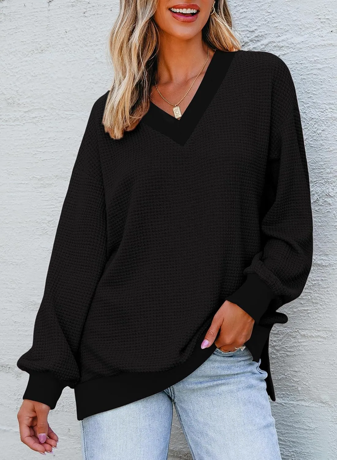 Dokotoo Womens Tops Dressy Casual Long Sleeve Shirts Waffle Knit Tops V Neck Tunic Sweaters Spring Fashion 2025