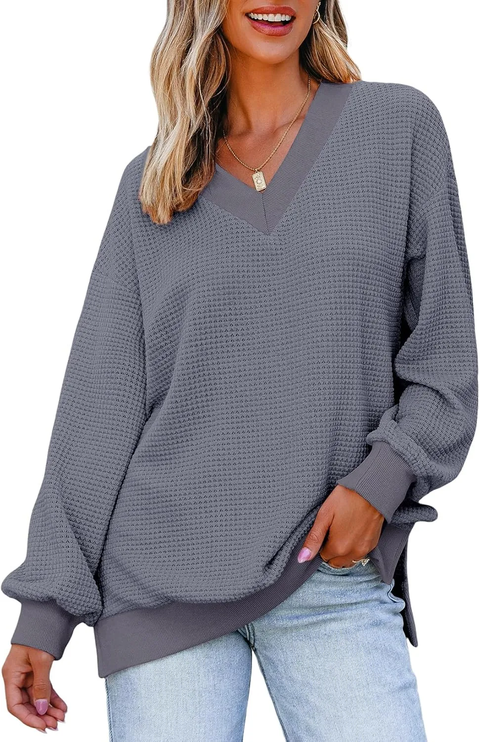 Dokotoo Womens Tops Dressy Casual Long Sleeve Shirts Waffle Knit Tops V Neck Tunic Sweaters Spring Fashion 2025