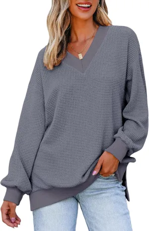 Dokotoo Womens Tops Dressy Casual Long Sleeve Shirts Waffle Knit Tops V Neck Tunic Sweaters Spring Fashion 2025