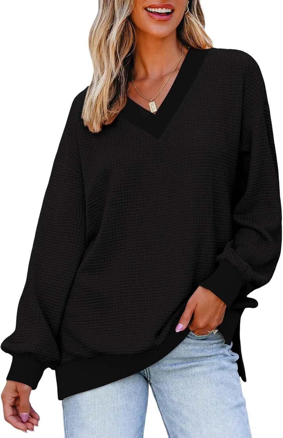 Dokotoo Womens Tops Dressy Casual Long Sleeve Shirts Waffle Knit Tops V Neck Tunic Sweaters Spring Fashion 2025