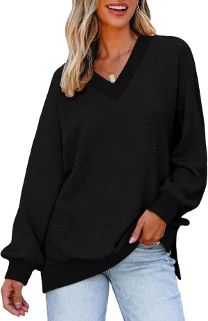 Dokotoo Womens Tops Dressy Casual Long Sleeve Shirts Waffle Knit Tops V Neck Tunic Sweaters Spring Fashion 2025