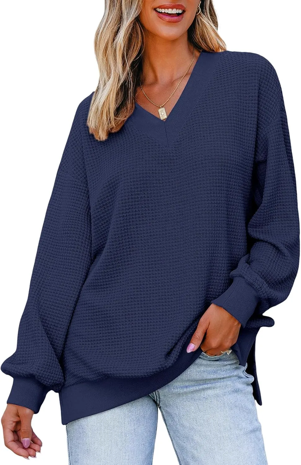 Dokotoo Womens Tops Dressy Casual Long Sleeve Shirts Waffle Knit Tops V Neck Tunic Sweaters Spring Fashion 2025