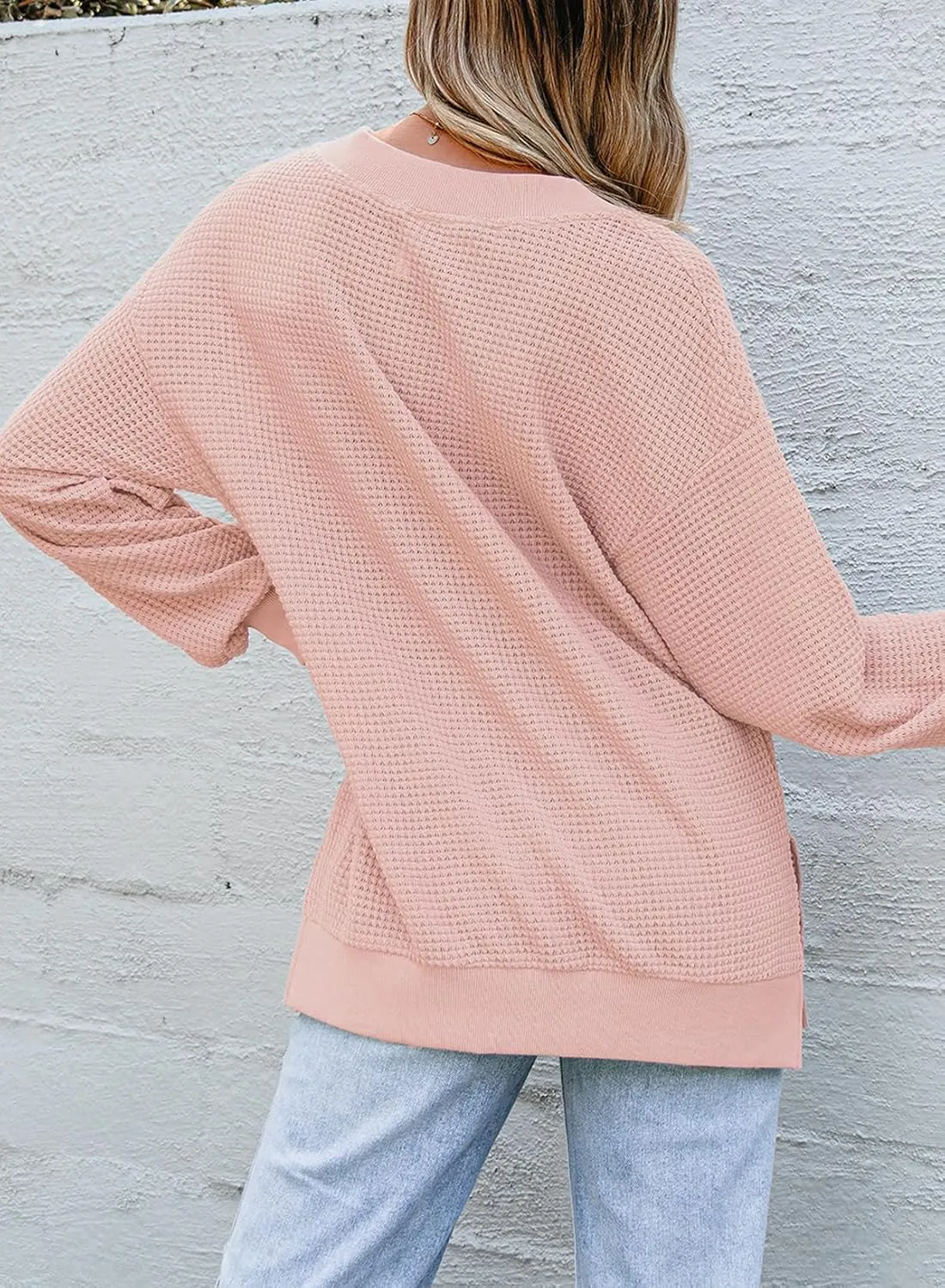 Dokotoo Womens Tops Dressy Casual Long Sleeve Shirts Waffle Knit Tops V Neck Tunic Sweaters Spring Fashion 2025