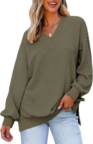 Dokotoo Womens Tops Dressy Casual Long Sleeve Shirts Waffle Knit Tops V Neck Tunic Sweaters Spring Fashion 2025