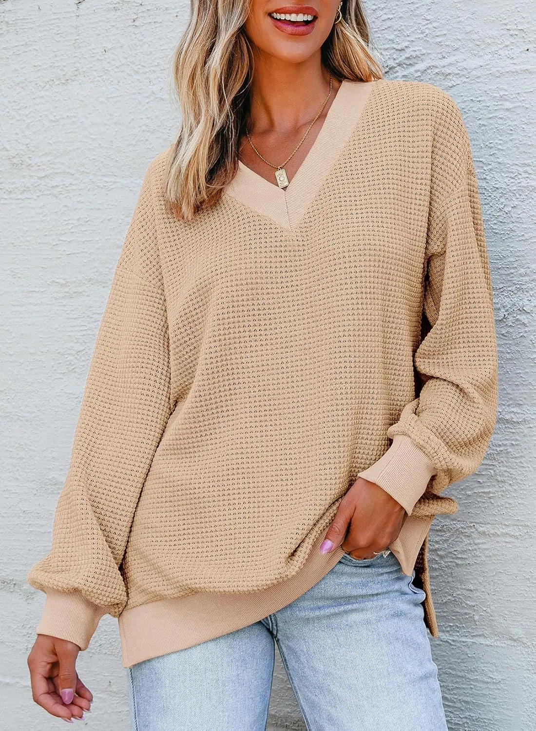 Dokotoo Womens Tops Dressy Casual Long Sleeve Shirts Waffle Knit Tops V Neck Tunic Sweaters Spring Fashion 2025