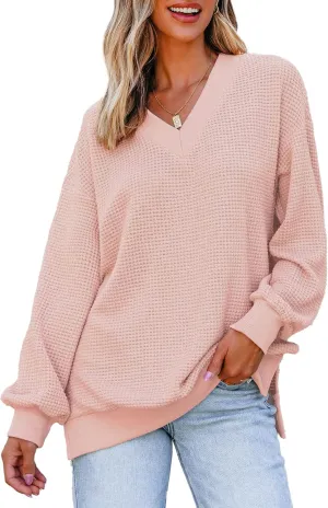 Dokotoo Womens Tops Dressy Casual Long Sleeve Shirts Waffle Knit Tops V Neck Tunic Sweaters Spring Fashion 2025