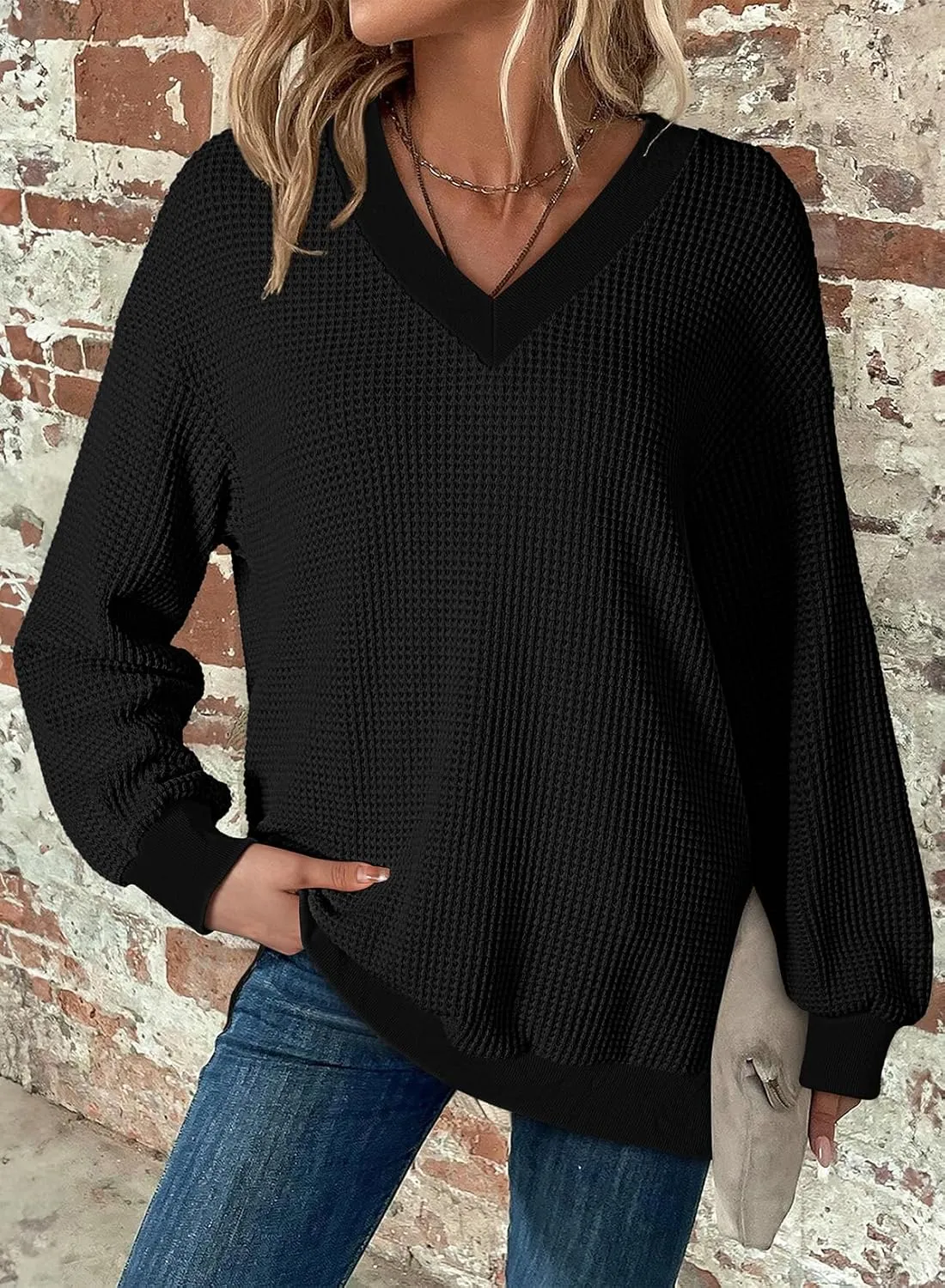 Dokotoo Womens Tops Dressy Casual Long Sleeve Shirts Waffle Knit Tops V Neck Tunic Sweaters Spring Fashion 2025