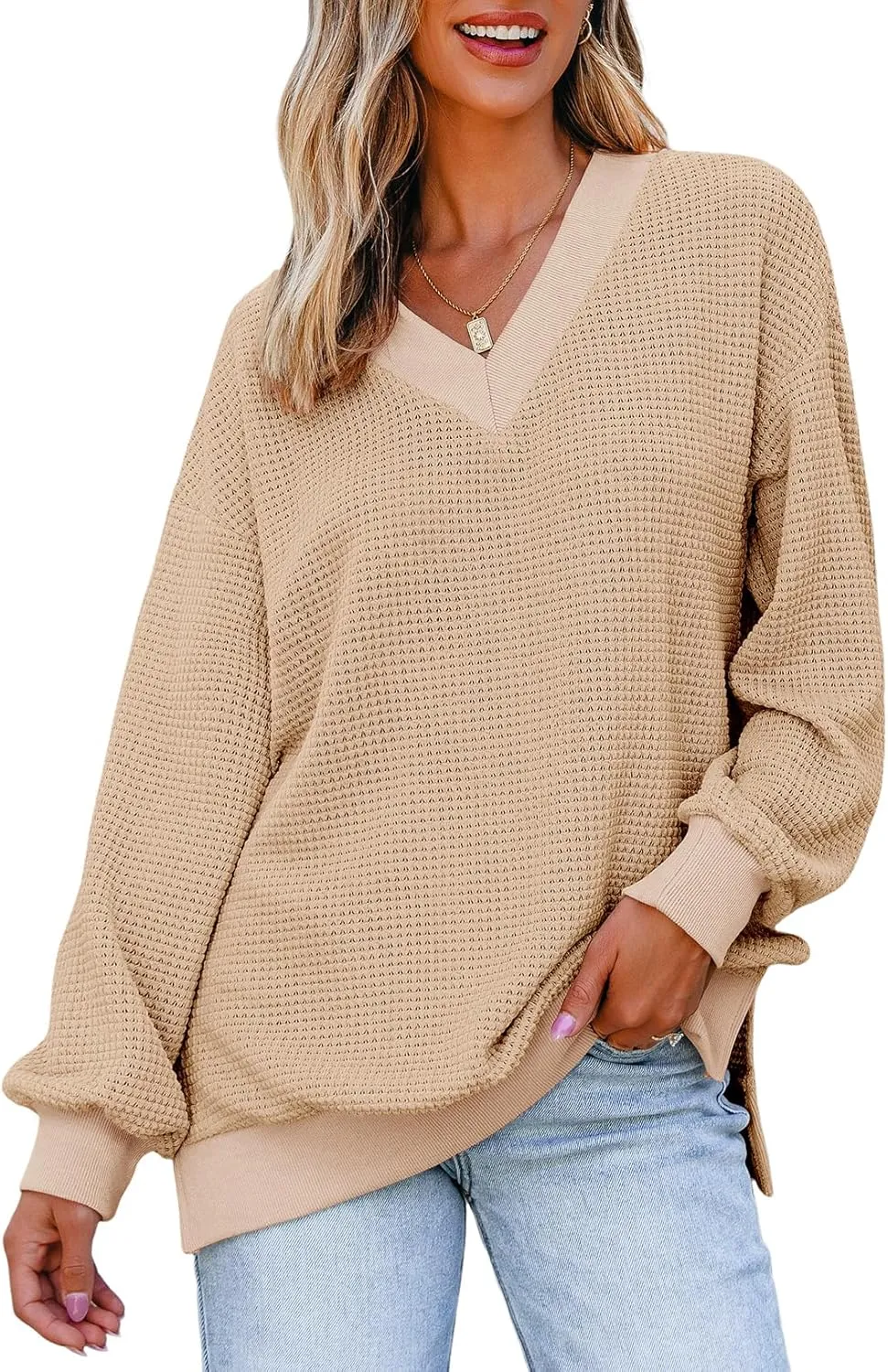 Dokotoo Womens Tops Dressy Casual Long Sleeve Shirts Waffle Knit Tops V Neck Tunic Sweaters Spring Fashion 2025