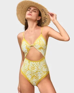 Dual-Sided Palm Leaf Cut-Out One-Piece Swimsuit