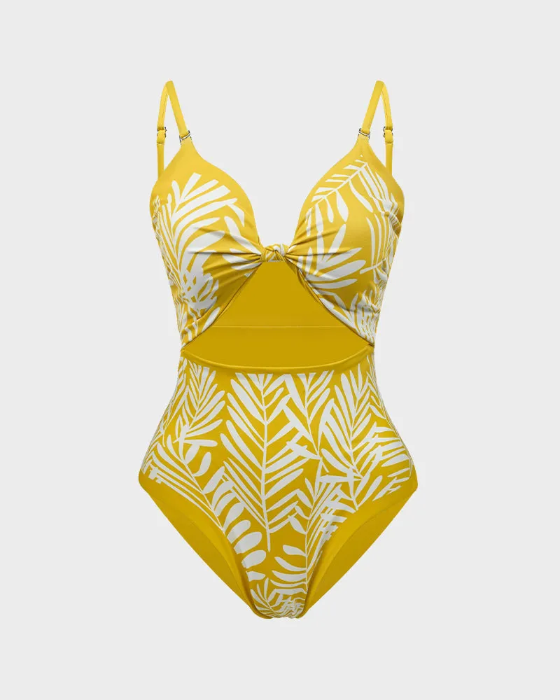 Dual-Sided Palm Leaf Cut-Out One-Piece Swimsuit