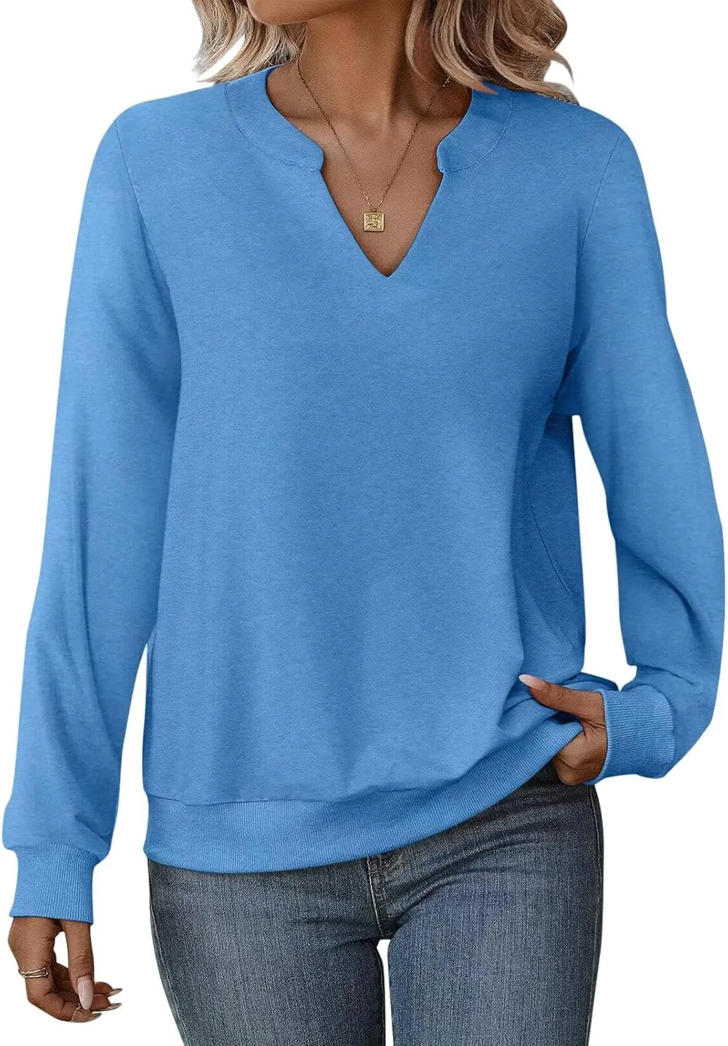 EADINVE Womens Casual Long Sleeve V Neck Sweatshirts Cute Loose Fit Lightweight Pullover Fall Clothes Tunic Tops
