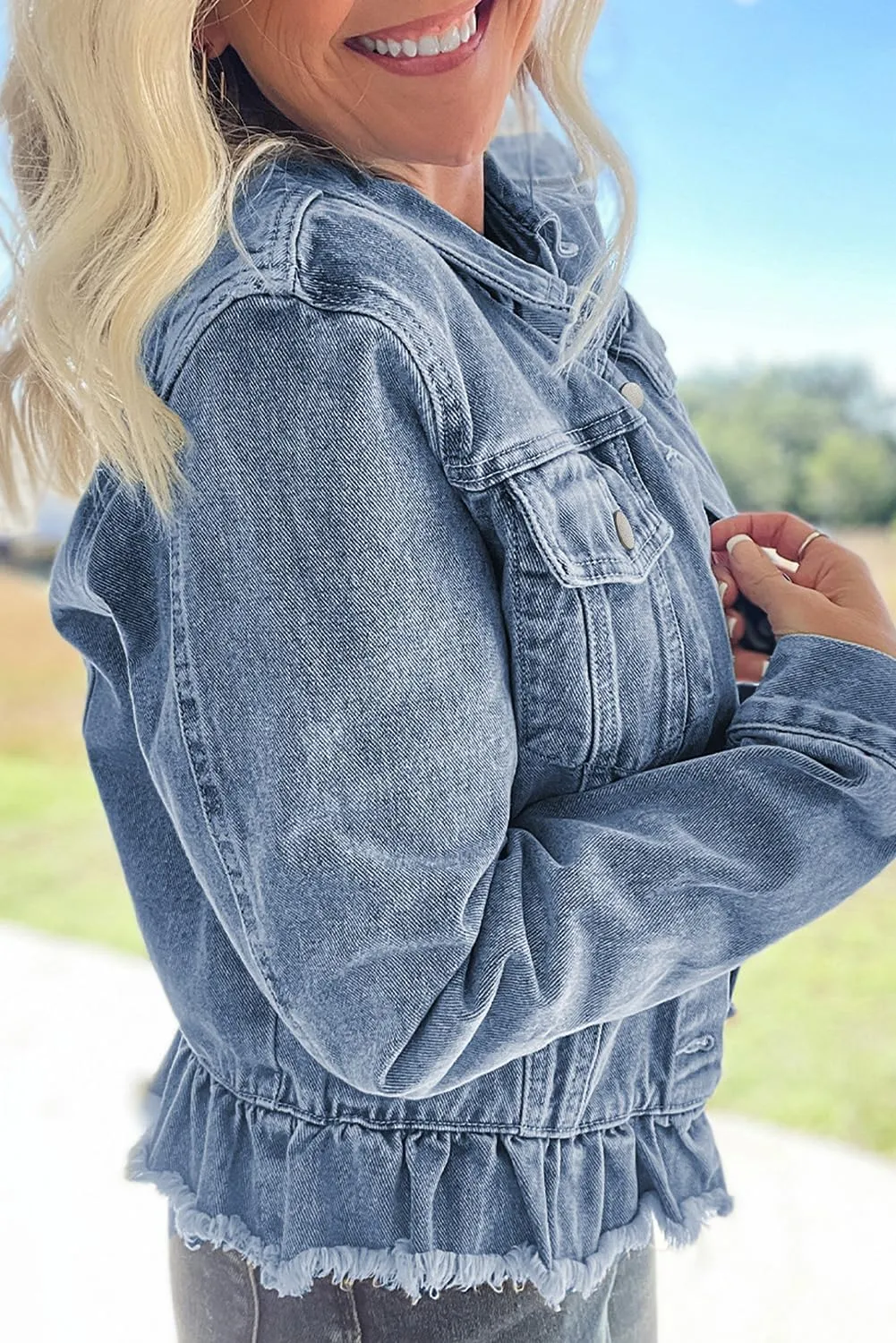 Ecosunny Womens Casual Long Sleeve Button Down Shirt Jacket Ruffle Hem Flap Pockets Denim Shacket Lightweight Coat Tops