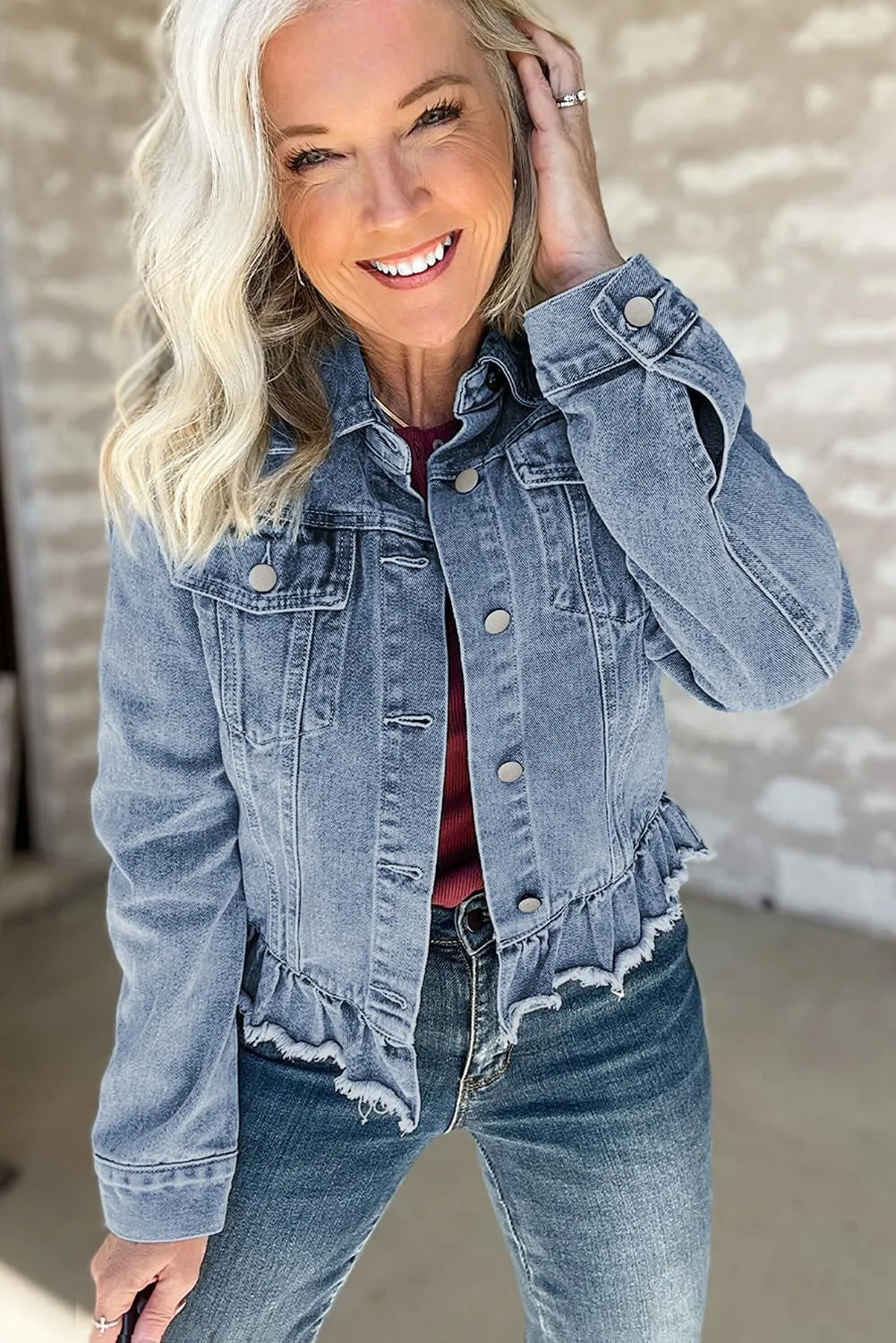Ecosunny Womens Casual Long Sleeve Button Down Shirt Jacket Ruffle Hem Flap Pockets Denim Shacket Lightweight Coat Tops