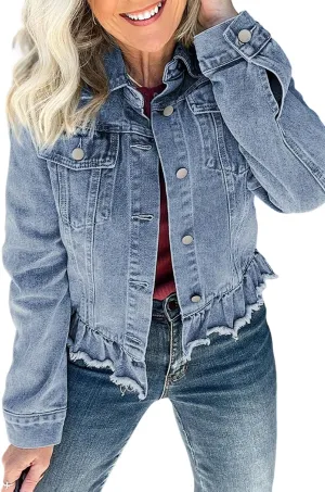 Ecosunny Womens Casual Long Sleeve Button Down Shirt Jacket Ruffle Hem Flap Pockets Denim Shacket Lightweight Coat Tops