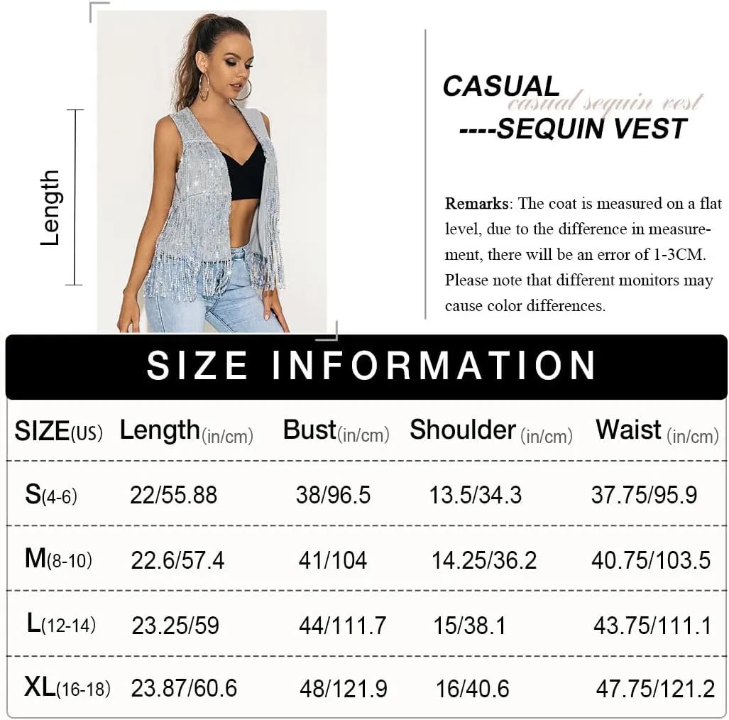Edary Women's Sequin Sleeveless Vest Sparkly Casual Open Front Waistcoat Jackets Glitter Vest Coat