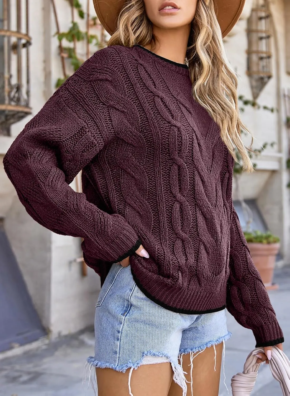 EVALESS Sweaters for Women Trendy Crewneck Long Sleeve Color Block Sweater Tops Fall 2024 Chunky Cable Knit Pullover Sweaters