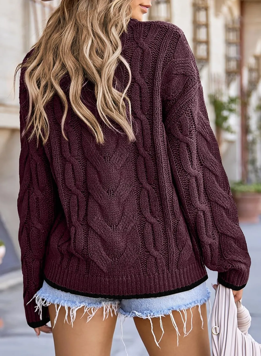 EVALESS Sweaters for Women Trendy Crewneck Long Sleeve Color Block Sweater Tops Fall 2024 Chunky Cable Knit Pullover Sweaters