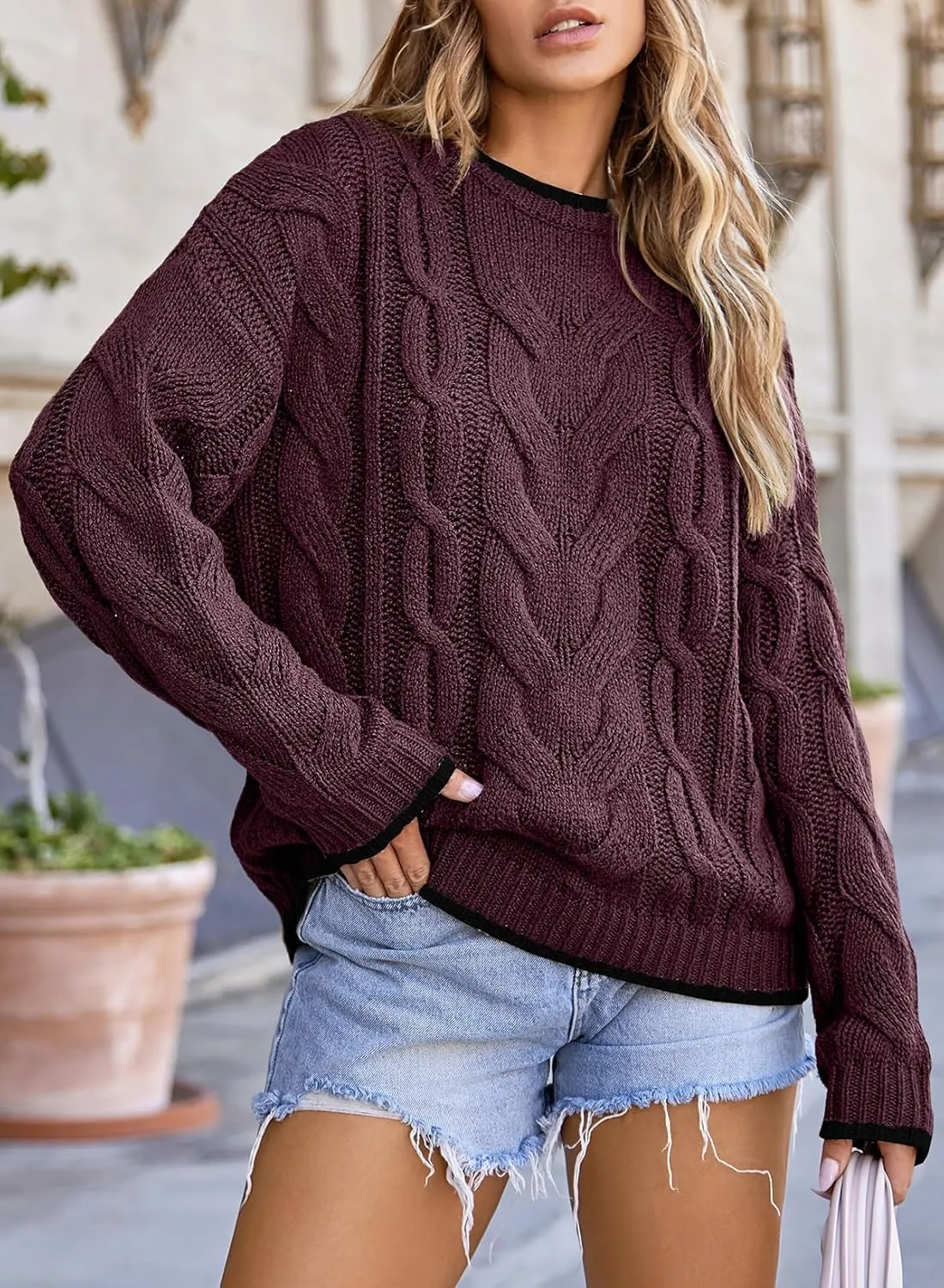 EVALESS Sweaters for Women Trendy Crewneck Long Sleeve Color Block Sweater Tops Fall 2024 Chunky Cable Knit Pullover Sweaters