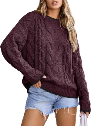 EVALESS Sweaters for Women Trendy Crewneck Long Sleeve Color Block Sweater Tops Fall 2024 Chunky Cable Knit Pullover Sweaters