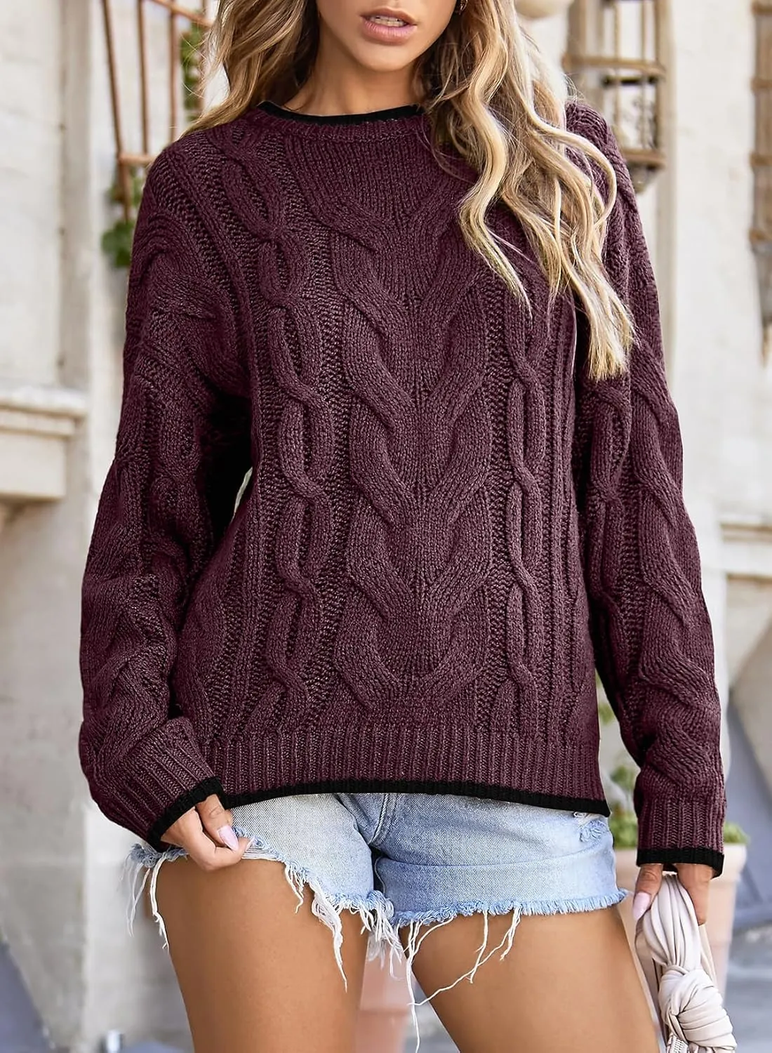 EVALESS Sweaters for Women Trendy Crewneck Long Sleeve Color Block Sweater Tops Fall 2024 Chunky Cable Knit Pullover Sweaters