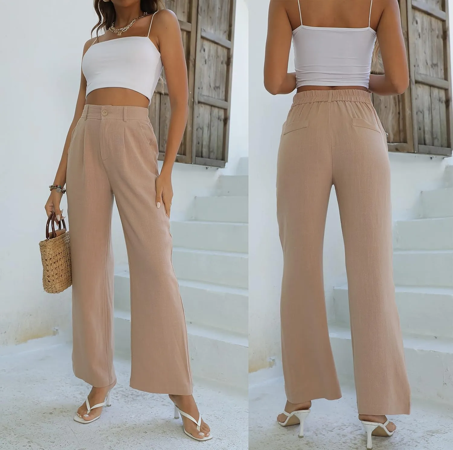 Fakanhui Women's Cotton Linen Wide Leg Pants High Elastic Waist Casual Business Work Trousers
