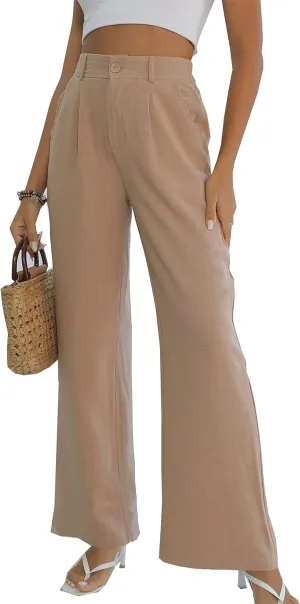 Fakanhui Women's Cotton Linen Wide Leg Pants High Elastic Waist Casual Business Work Trousers