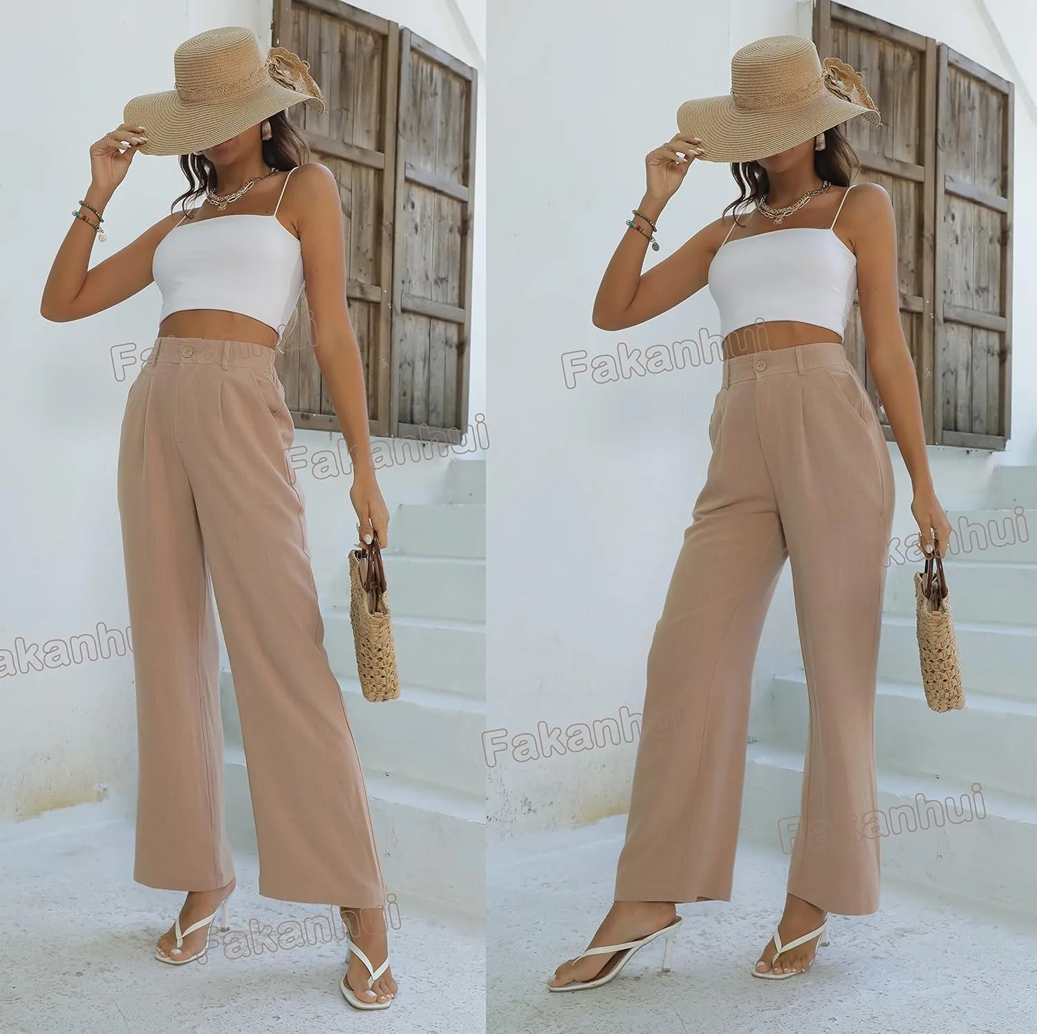 Fakanhui Women's Cotton Linen Wide Leg Pants High Elastic Waist Casual Business Work Trousers