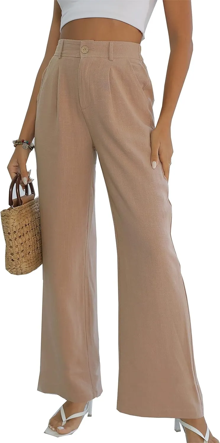 Fakanhui Women's Cotton Linen Wide Leg Pants High Elastic Waist Casual Business Work Trousers