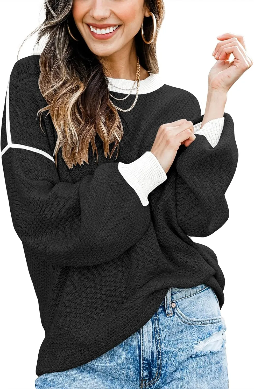 Fall Clothes for Women 2025 Trendy Fashion Oversized Sweaters Color Block Long Sleeve Knited Pullover Tops Winter Outfits