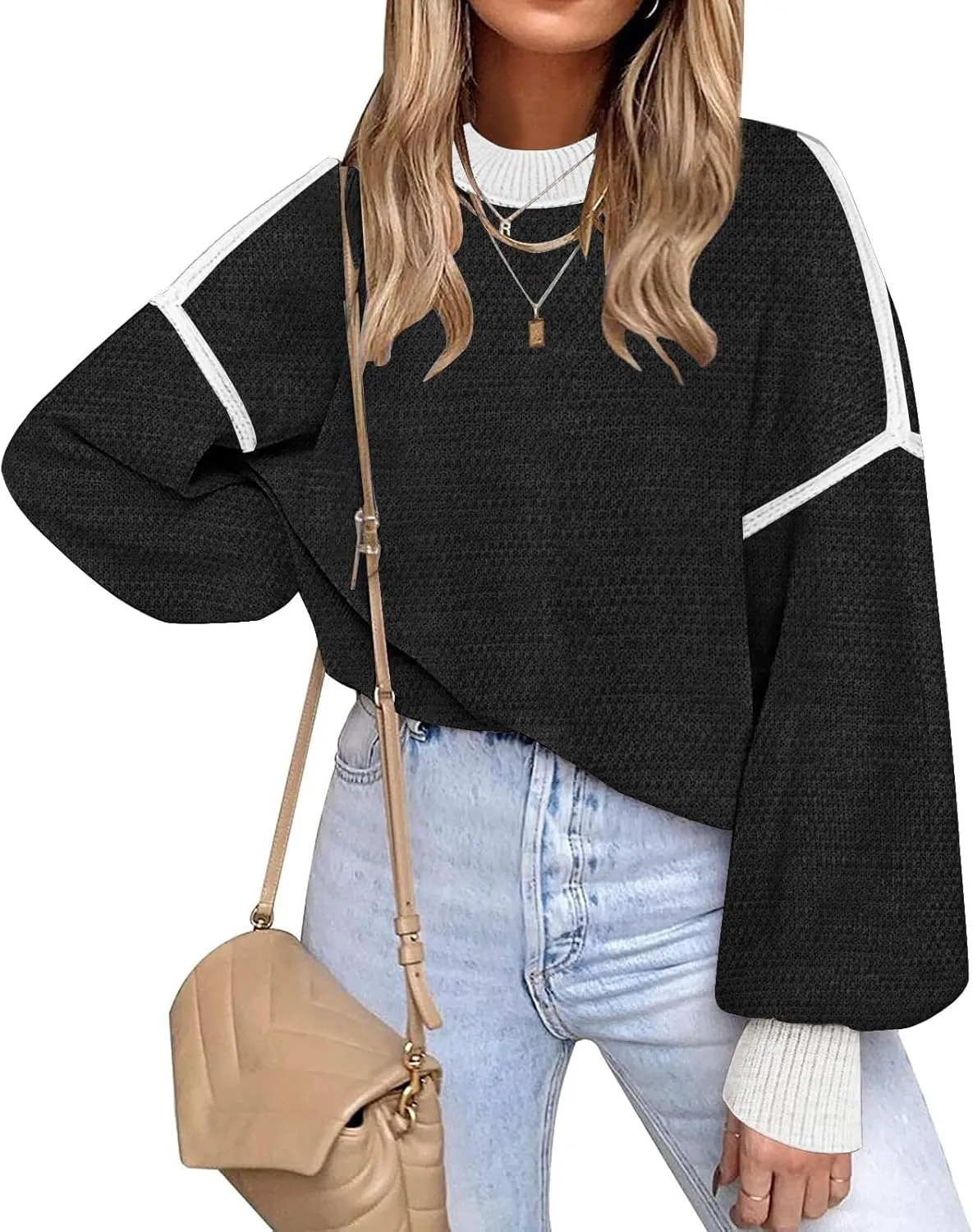 Fall Clothes for Women 2025 Trendy Fashion Oversized Sweaters Color Block Long Sleeve Knited Pullover Tops Winter Outfits
