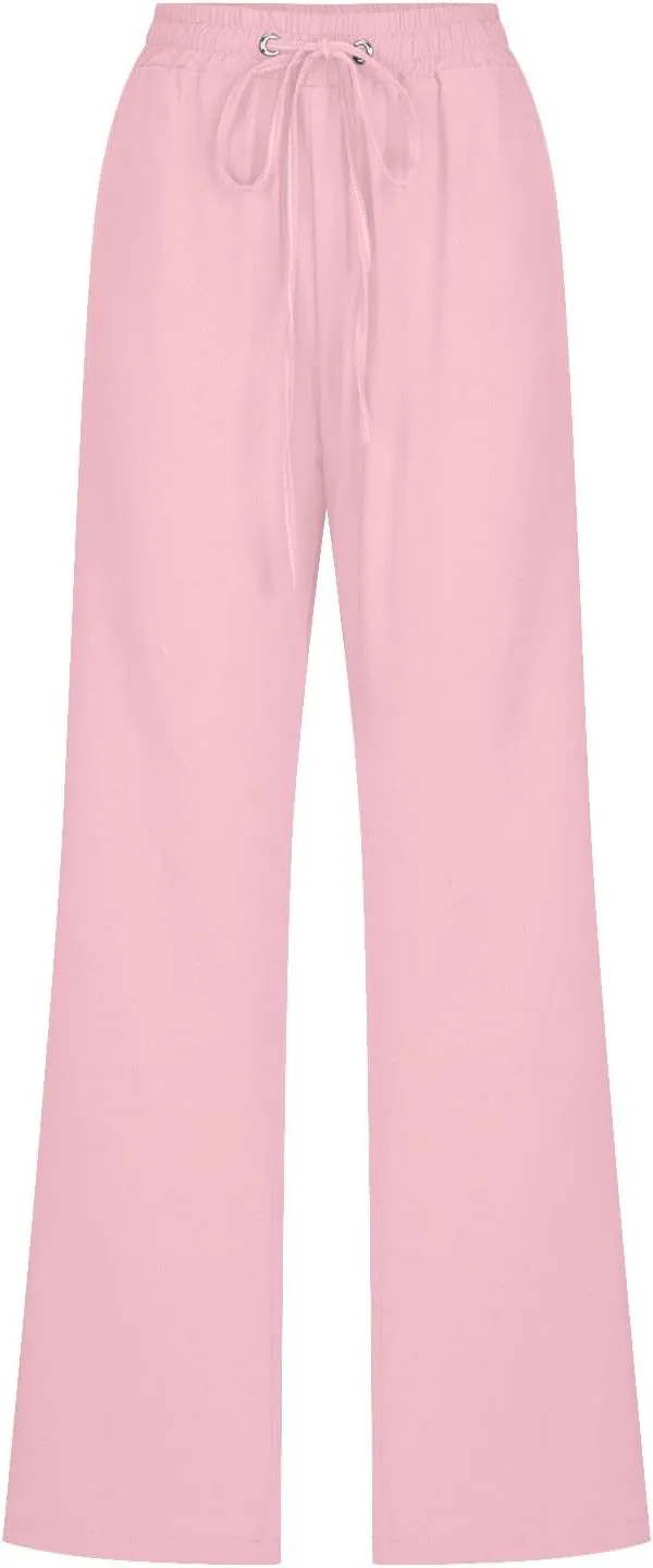 Fanteecy Women's 2024 Trendy Cotton Linen Drawstring Pants Elastic Waist Palazzo Pants Summer Casual Trousers with Pockets