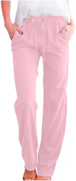 Fanteecy Women's 2024 Trendy Cotton Linen Drawstring Pants Elastic Waist Palazzo Pants Summer Casual Trousers with Pockets