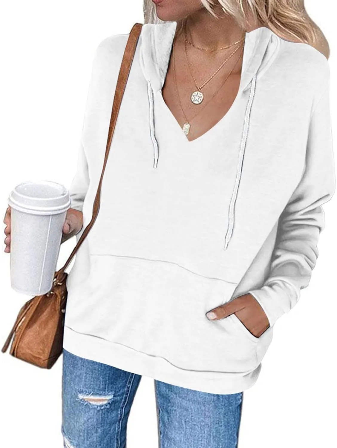 Fashion Hooded Tops for Women Oversized Hoodies Sweatshirts V Neck Long Sleeve Pullover Shirts Loose Fit Sweater