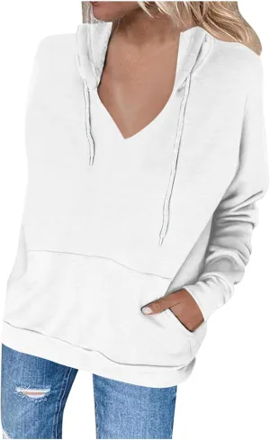 Fashion Hooded Tops for Women Oversized Hoodies Sweatshirts V Neck Long Sleeve Pullover Shirts Loose Fit Sweater