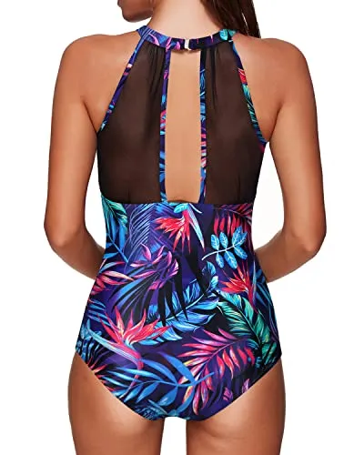 Fashionable Plunge Neck Mesh Monokini Women One Piece Swimsuit-Blue Leaves