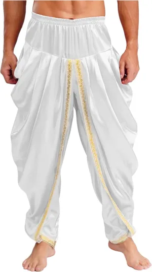 FEESHOW Men's Elastic Waist Harem Pants Dhoti Pants Baggy Palazzo Trousers Arabian Prince Costume