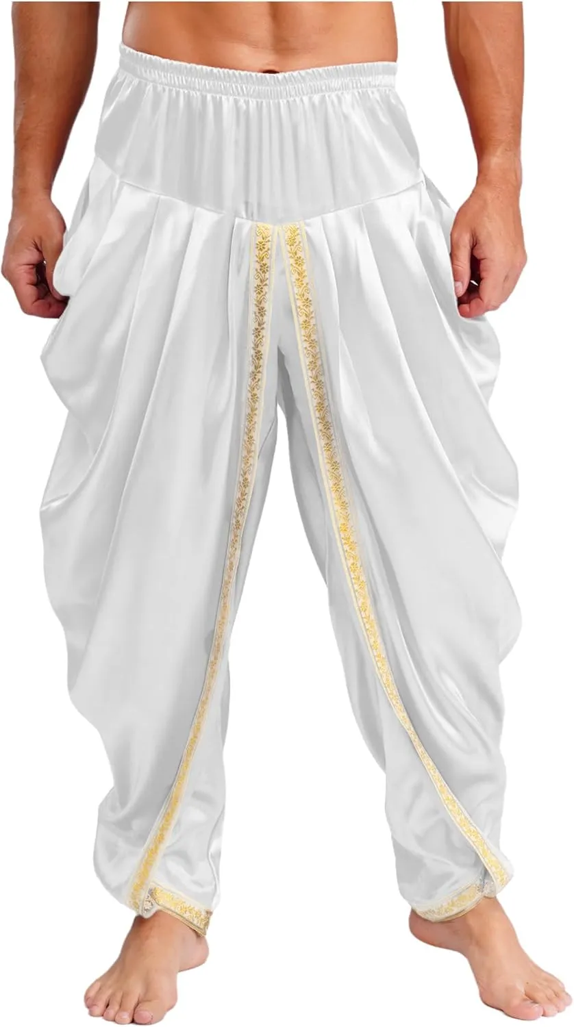 FEESHOW Men's Elastic Waist Harem Pants Dhoti Pants Baggy Palazzo Trousers Arabian Prince Costume