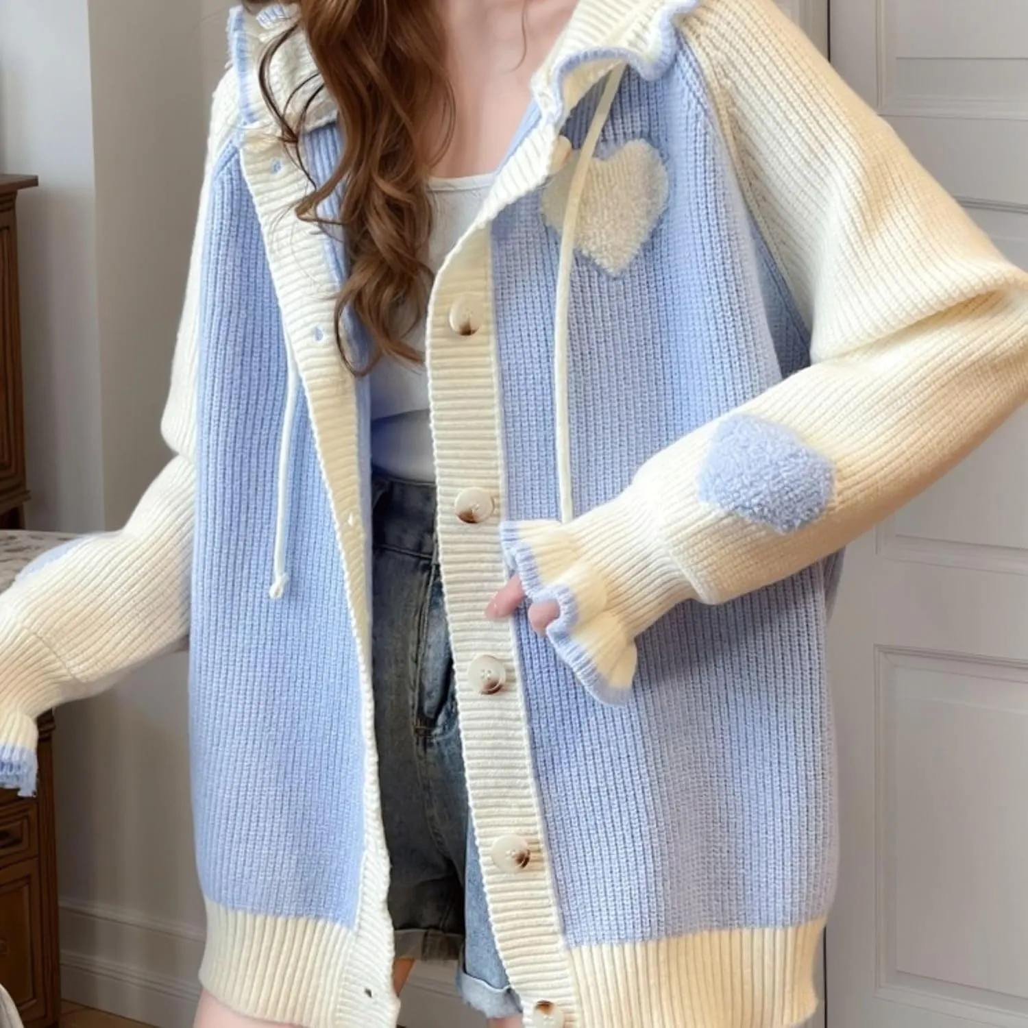 FindThy Womens Kawaii Heart Cardigan Long Sleeve Ruffle V Neck Button Up Sweater Cardigans