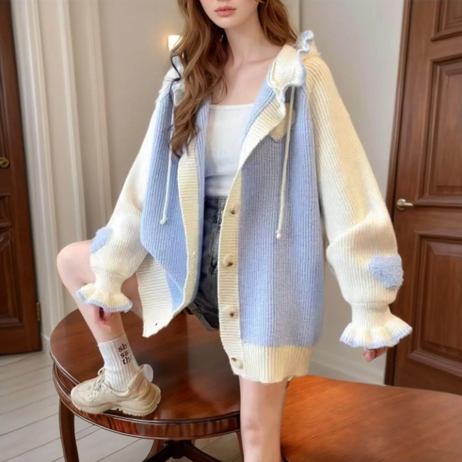 FindThy Womens Kawaii Heart Cardigan Long Sleeve Ruffle V Neck Button Up Sweater Cardigans