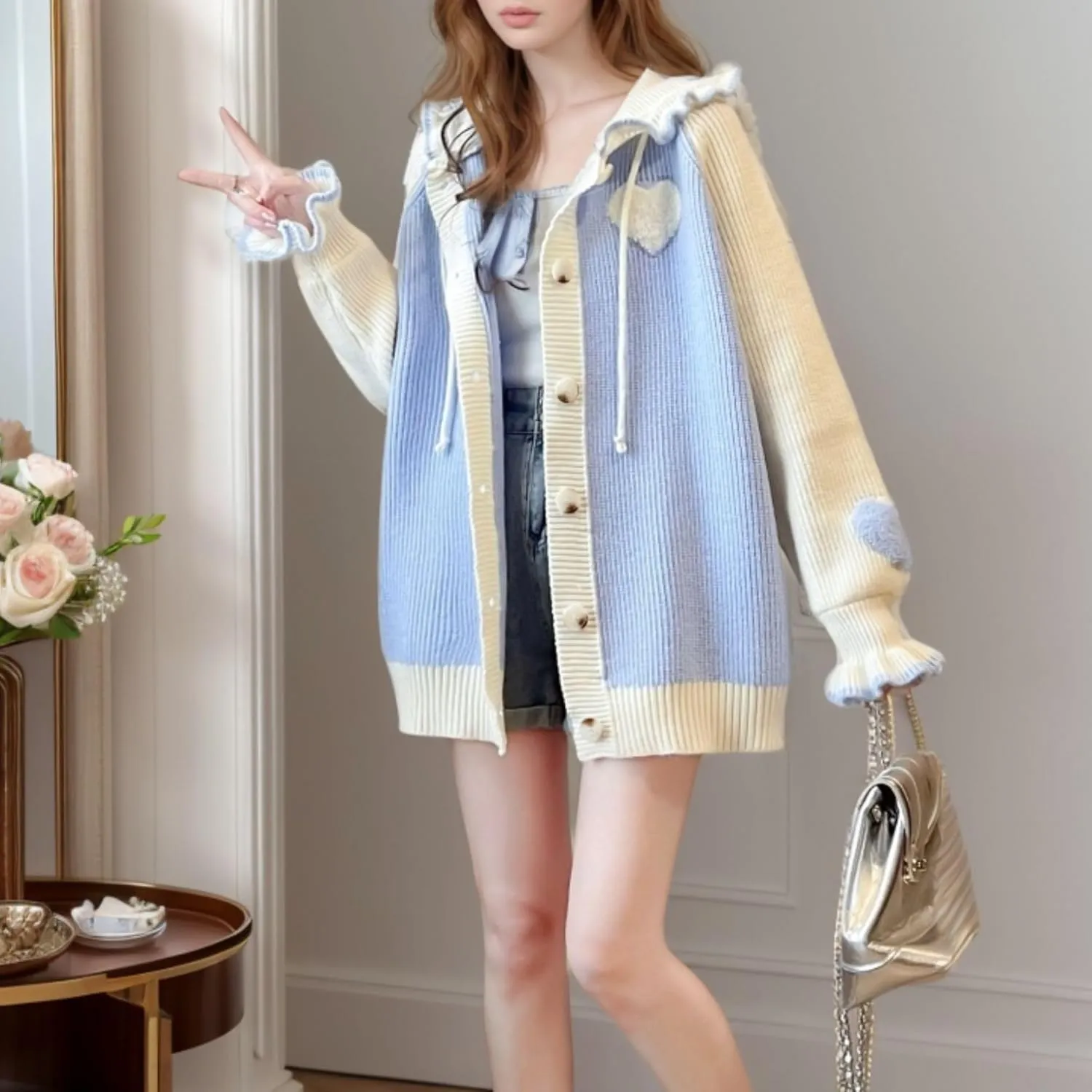 FindThy Womens Kawaii Heart Cardigan Long Sleeve Ruffle V Neck Button Up Sweater Cardigans