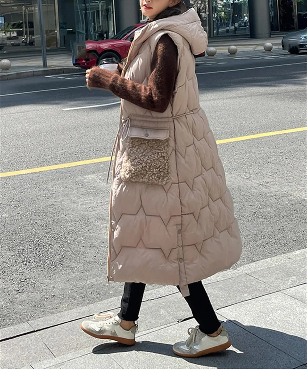 Fjnbbiot Women's Winter Vest Warm Long Down Waistcoat Sleeveless Coat Hooded Cotton Padded Waistcoat Pocket Windproof Outwear