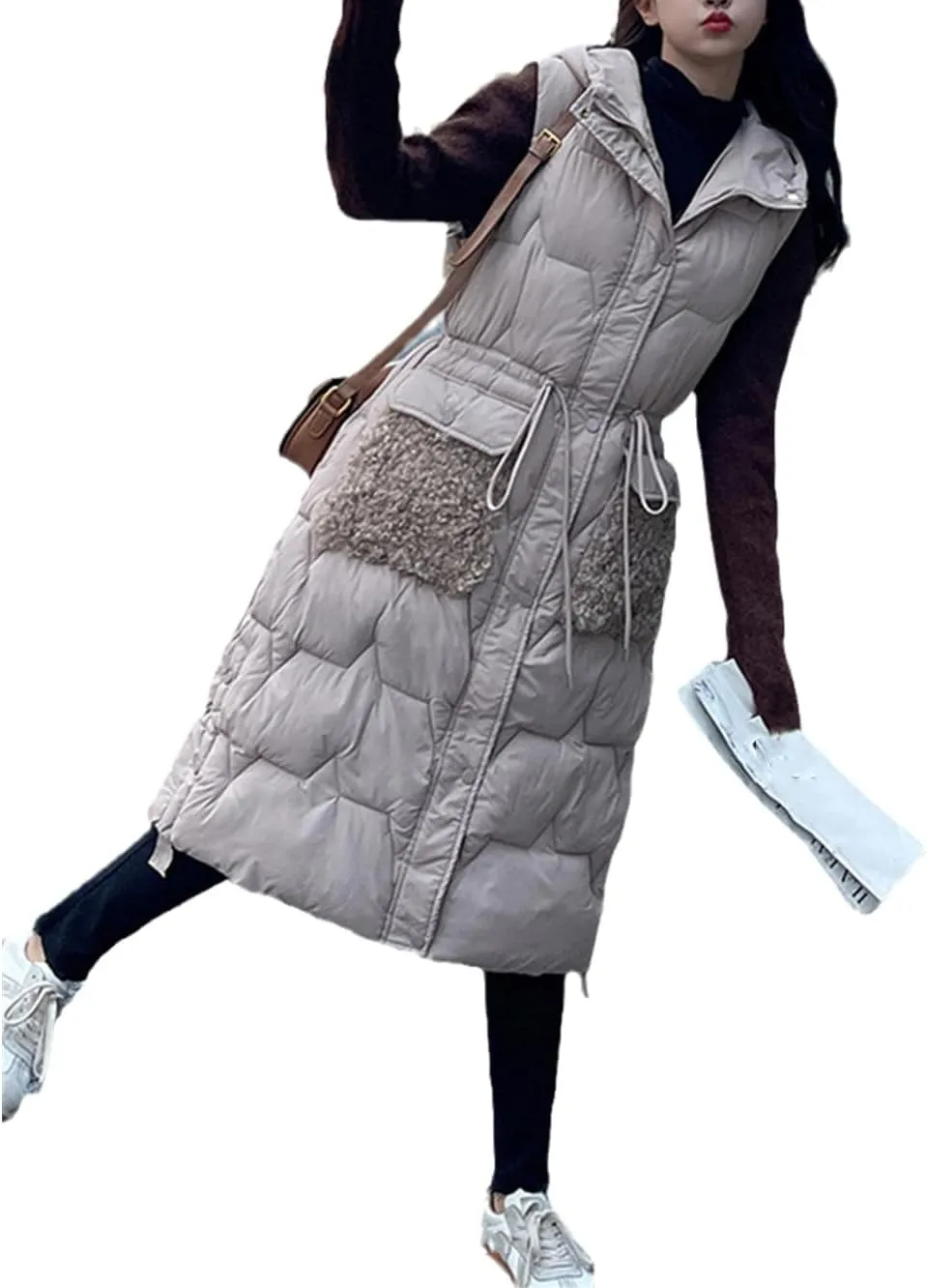 Fjnbbiot Women's Winter Vest Warm Long Down Waistcoat Sleeveless Coat Hooded Cotton Padded Waistcoat Pocket Windproof Outwear