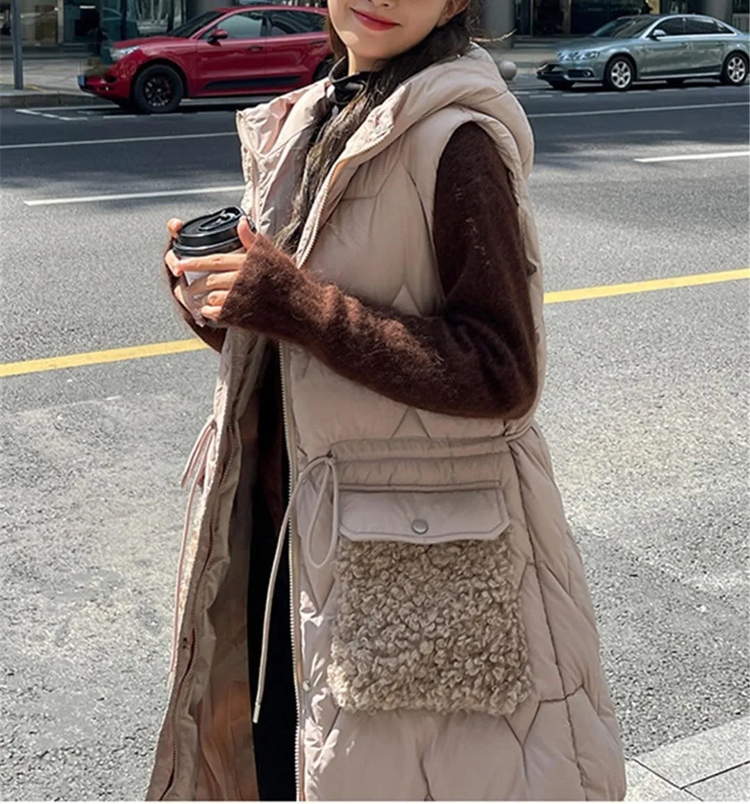 Fjnbbiot Women's Winter Vest Warm Long Down Waistcoat Sleeveless Coat Hooded Cotton Padded Waistcoat Pocket Windproof Outwear