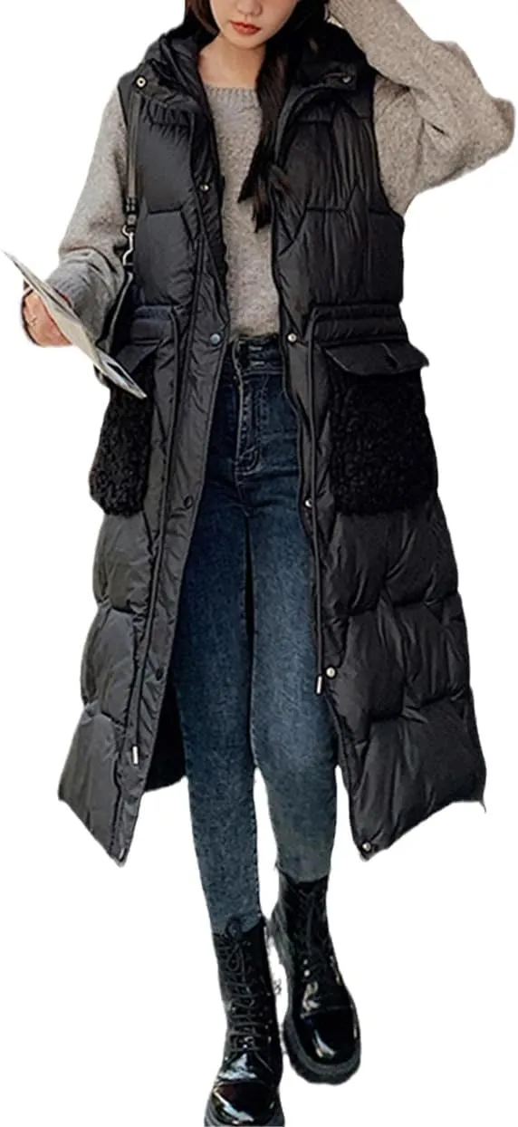 Fjnbbiot Women's Winter Vest Warm Long Down Waistcoat Sleeveless Coat Hooded Cotton Padded Waistcoat Pocket Windproof Outwear
